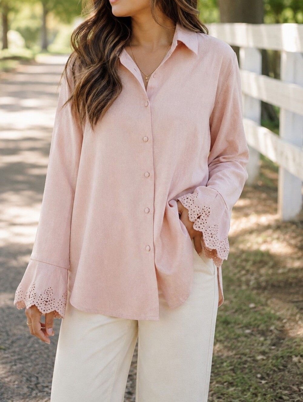 Splash Blush Pink Faux Suede Oversized Button Front Shirt Shacket Laser Cut Cuff